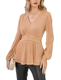 Women's Sequin Tops V-Neck Waist Pleat Blouse Lantern Sleeves Sparkly Peplum Tops