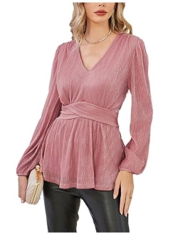 Women's Sequin Tops V-Neck Waist Pleat Blouse Lantern Sleeves Sparkly Peplum Tops