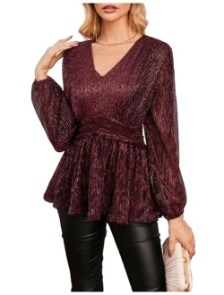 Women's Sequin Tops V-Neck Waist Pleat Blouse Lantern Sleeves Sparkly Peplum Tops