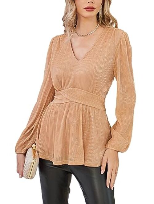 GRACE KARIN Women's Sequin Tops V-Neck Waist Pleat Blouse Lantern Sleeves Sparkly Peplum Tops