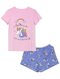 Cozchique Big Girls Summer Unicorn/Panda Pajamas Set - 100% Cotton Short Sleeve & Pants Sleepwear Cute Jammies Set Size 6-16