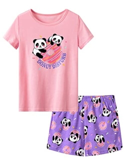 Cozchique Big Girls Summer Unicorn/Panda Pajamas Set - 100% Cotton Short Sleeve & Pants Sleepwear Cute Jammies Set Size 6-16