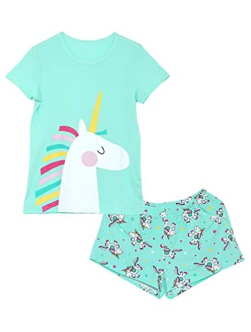 Cozchique Big Girls Summer Unicorn/Panda Pajamas Set - 100% Cotton Short Sleeve & Pants Sleepwear Cute Jammies Set Size 6-16