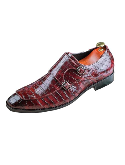 Pucepen Mens Crocodile Print Double Monk Strap Loafer Fashion Slip-On Dress Oxford Shoes Comfortable Round Toe Low Block Heel Formal Business Casual Leather Shoes