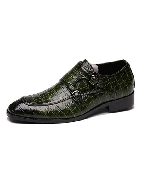 Pucepen Mens Crocodile Print Double Monk Strap Loafer Fashion Slip-On Dress Oxford Shoes Comfortable Round Toe Low Block Heel Formal Business Casual Leather Shoes