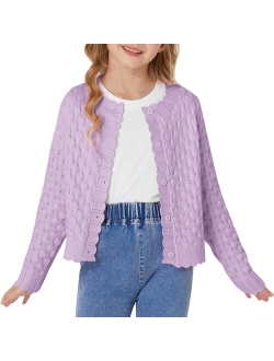 Girls Cropped Cardigan Sweaters Long Sleeve Cable Knit Button Front Sweater 5-12Y