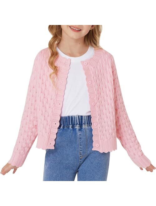 GRACE KARIN Girls Cropped Cardigan Sweaters Long Sleeve Cable Knit Button Front Sweater 5-12Y