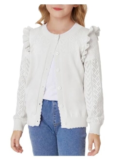 Girls Cardigan Cable Knit Sweater Long Sleeve Open Front Button Light Weight Solid Crochet Shrug 5-12