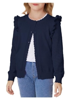 Girls Cardigan Cable Knit Sweater Long Sleeve Open Front Button Light Weight Solid Crochet Shrug 5-12