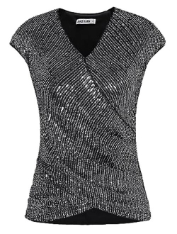 Womens Sparkle Sequin Top Shimmer Glitter Blouse Twist Front V Neck Cap Sleeve Club Party Shirt