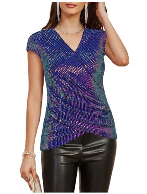 GRACE KARIN Womens Sparkle Sequin Top Shimmer Glitter Blouse Twist Front V Neck Cap Sleeve Club Party Shirt