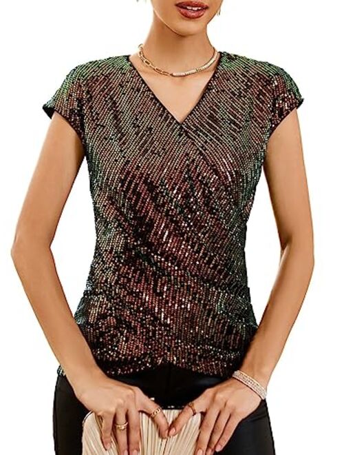 GRACE KARIN Womens Sparkle Sequin Top Shimmer Glitter Blouse Twist Front V Neck Cap Sleeve Club Party Shirt