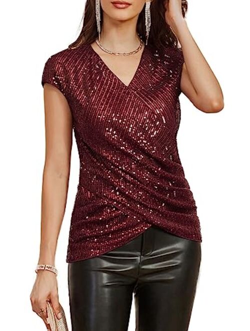 GRACE KARIN Womens Sparkle Sequin Top Shimmer Glitter Blouse Twist Front V Neck Cap Sleeve Club Party Shirt