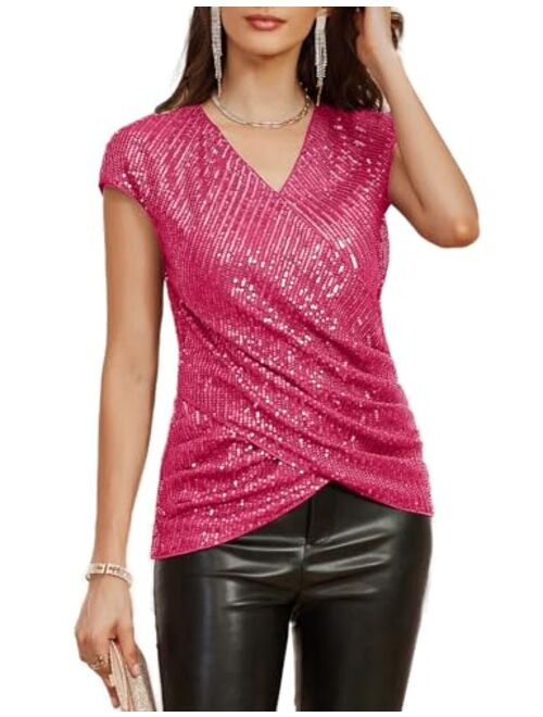 GRACE KARIN Womens Sparkle Sequin Top Shimmer Glitter Blouse Twist Front V Neck Cap Sleeve Club Party Shirt