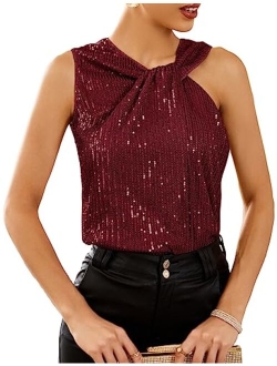 2023 Women's Asymmetrical Twist Neck Sequin Top Slim Fit Cocktail Sparkle Tank Tops