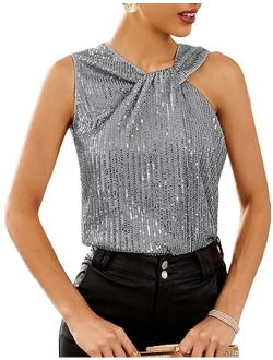 2023 Women's Asymmetrical Twist Neck Sequin Top Slim Fit Cocktail Sparkle Tank Tops