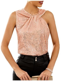 2023 Women's Asymmetrical Twist Neck Sequin Top Slim Fit Cocktail Sparkle Tank Tops