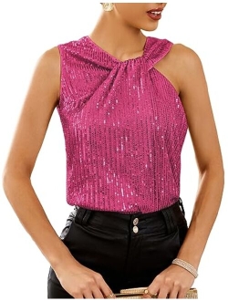 2023 Women's Asymmetrical Twist Neck Sequin Top Slim Fit Cocktail Sparkle Tank Tops