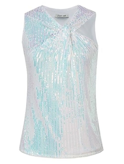 2023 Women's Asymmetrical Twist Neck Sequin Top Slim Fit Cocktail Sparkle Tank Tops