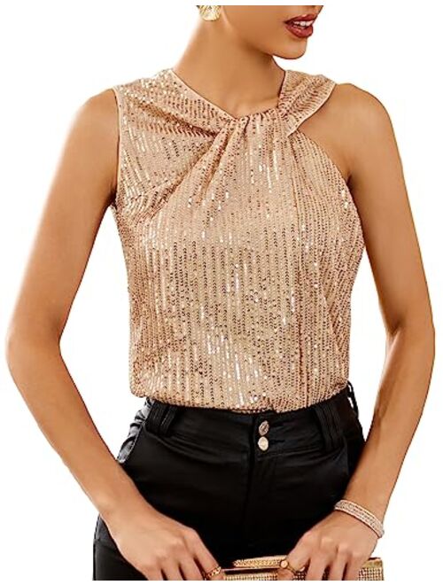 GRACE KARIN 2023 Women's Asymmetrical Twist Neck Sequin Top Slim Fit Cocktail Sparkle Tank Tops