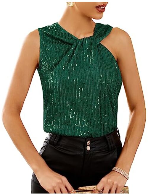 GRACE KARIN 2023 Women's Asymmetrical Twist Neck Sequin Top Slim Fit Cocktail Sparkle Tank Tops