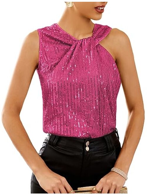 GRACE KARIN 2023 Women's Asymmetrical Twist Neck Sequin Top Slim Fit Cocktail Sparkle Tank Tops