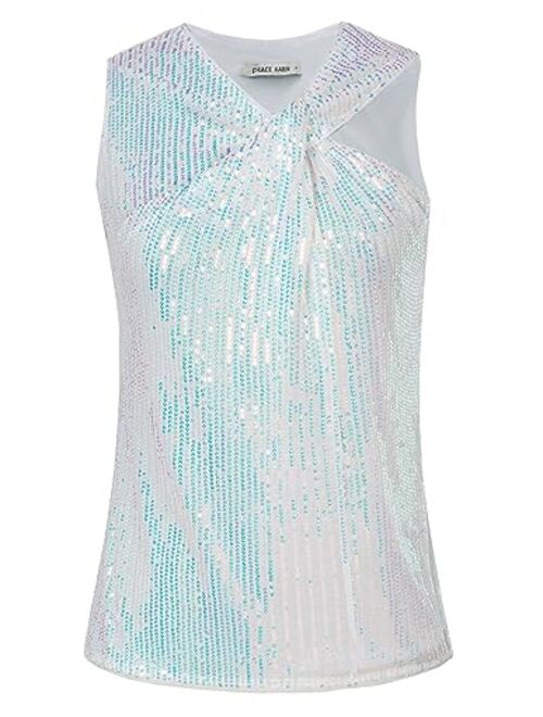 GRACE KARIN 2023 Women's Asymmetrical Twist Neck Sequin Top Slim Fit Cocktail Sparkle Tank Tops