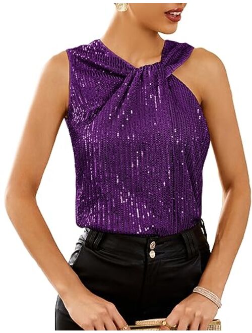 GRACE KARIN 2023 Women's Asymmetrical Twist Neck Sequin Top Slim Fit Cocktail Sparkle Tank Tops