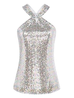 Women's Sequin Sparkle Tank Tops Halter Neck Keyhole Knot Slim Fit Cocktail Tops