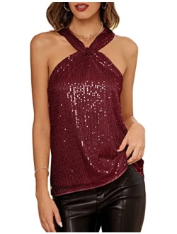 Women's Sequin Sparkle Tank Tops Halter Neck Keyhole Knot Slim Fit Cocktail Tops