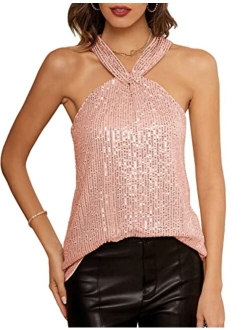 Women's Sequin Sparkle Tank Tops Halter Neck Keyhole Knot Slim Fit Cocktail Tops