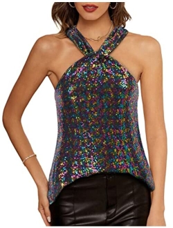 Women's Sequin Sparkle Tank Tops Halter Neck Keyhole Knot Slim Fit Cocktail Tops