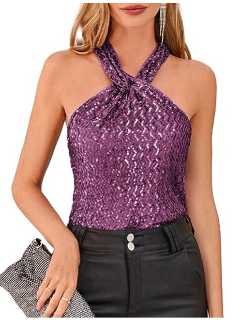 GRACE KARIN Women's Sequin Sparkle Tank Tops Halter Neck Keyhole Knot Slim Fit Cocktail Tops