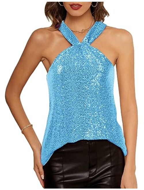 GRACE KARIN Women's Sequin Sparkle Tank Tops Halter Neck Keyhole Knot Slim Fit Cocktail Tops