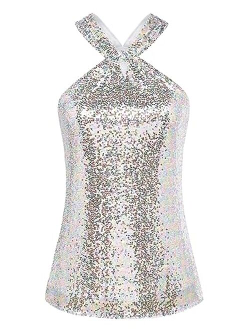 GRACE KARIN Women's Sequin Sparkle Tank Tops Halter Neck Keyhole Knot Slim Fit Cocktail Tops