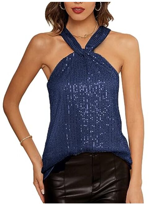 GRACE KARIN Women's Sequin Sparkle Tank Tops Halter Neck Keyhole Knot Slim Fit Cocktail Tops