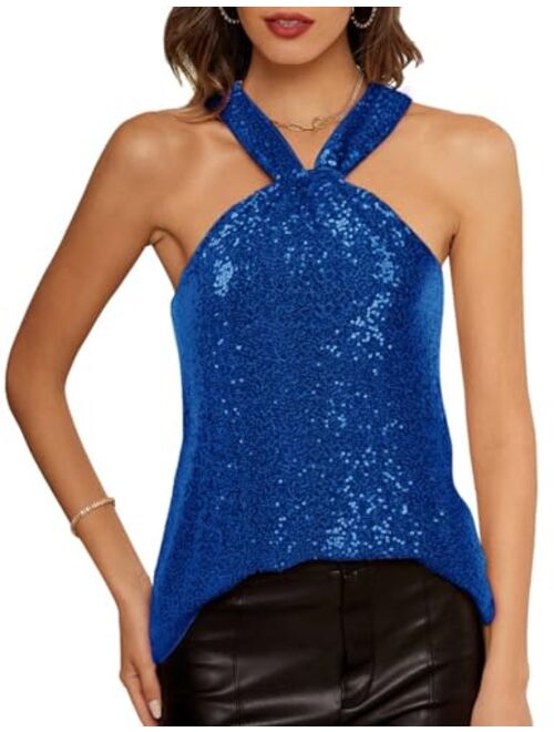 GRACE KARIN Women's Sequin Sparkle Tank Tops Halter Neck Keyhole Knot Slim Fit Cocktail Tops