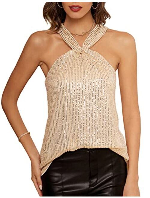 GRACE KARIN Women's Sequin Sparkle Tank Tops Halter Neck Keyhole Knot Slim Fit Cocktail Tops