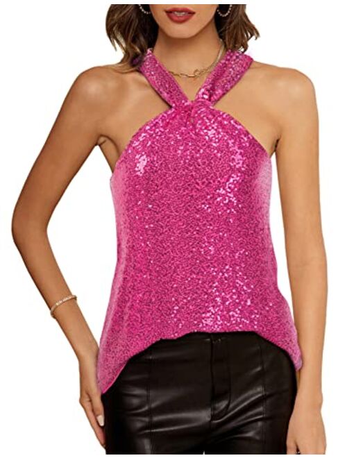 GRACE KARIN Women's Sequin Sparkle Tank Tops Halter Neck Keyhole Knot Slim Fit Cocktail Tops