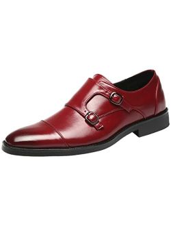 Jamron Men's Smart Monk Brogues Genuine Leather Wooden Heel Formal Dress Shoes