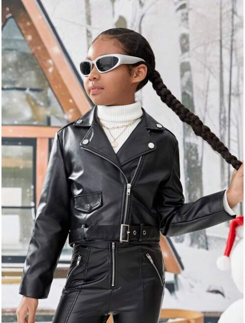 SHEIN Kids SHEIN Tween Girls' Autumn And Winter Casual Cool Solid Color Motorcycle Style Pu Leather Jacket