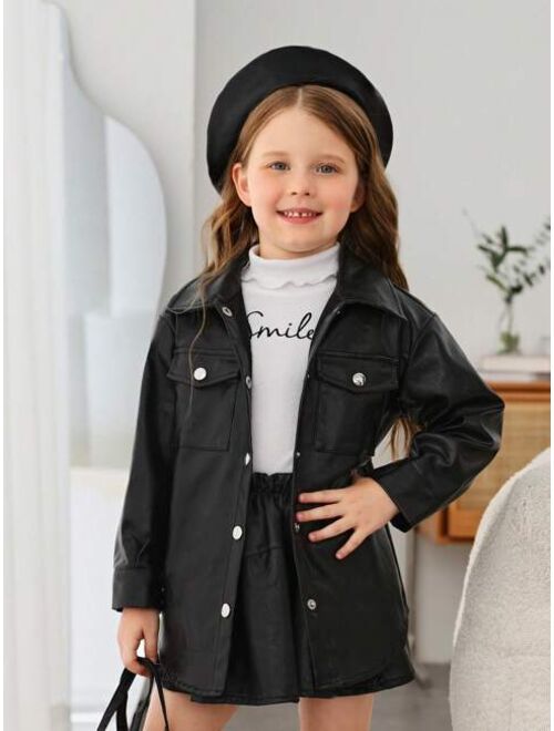 SHEIN Young Girl Flap Pocket Drop Shoulder PU Leather Coat