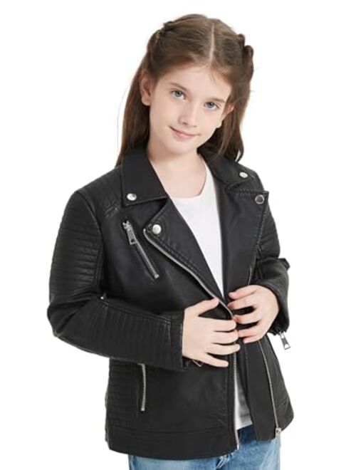 Giolshon 2023 Fall Girls Faux Leather Jacket for Kids PU Motorcycle Biker Outwear Children's Slim Coat