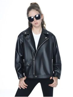 Mebius Girls Leather Jacket Kids Long Sleeve PU Faux Leather Pockets Youth Zip Up Outerwear Coats