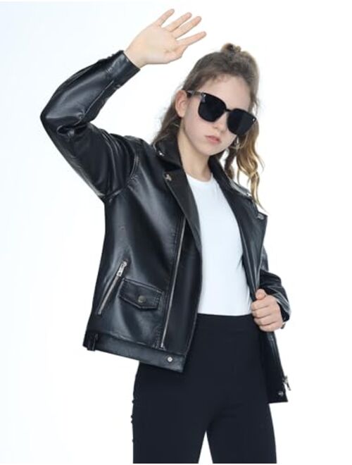 Mebius Girls Leather Jacket Kids Long Sleeve PU Faux Leather Pockets Youth Zip Up Outerwear Coats