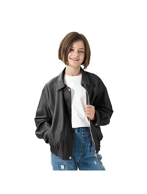 Rolanko Girls Faux Leather Jacket Kids Zip Up Motorcycle Biker Outerwear Coat Pleather Bomber Jacket with Pockets 5-15 Years