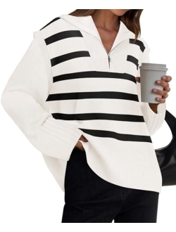 Women's 2024 Winter Striped Sweaters 1/4 Zip V Neck Long Sleeve Chunky Knit Oversized Tunic Pullover Jumper Tops