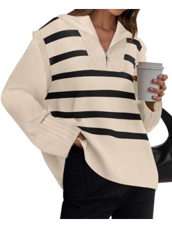 Women's 2024 Winter Striped Sweaters 1/4 Zip V Neck Long Sleeve Chunky Knit Oversized Tunic Pullover Jumper Tops