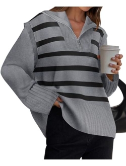 Women's 2024 Winter Striped Sweaters 1/4 Zip V Neck Long Sleeve Chunky Knit Oversized Tunic Pullover Jumper Tops