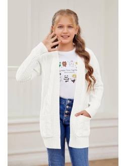 Batermoon Girls' Cardigan Sweaters Kids Cable Knit Casual Oversized Open Front Knitted Outerwear with Pocket